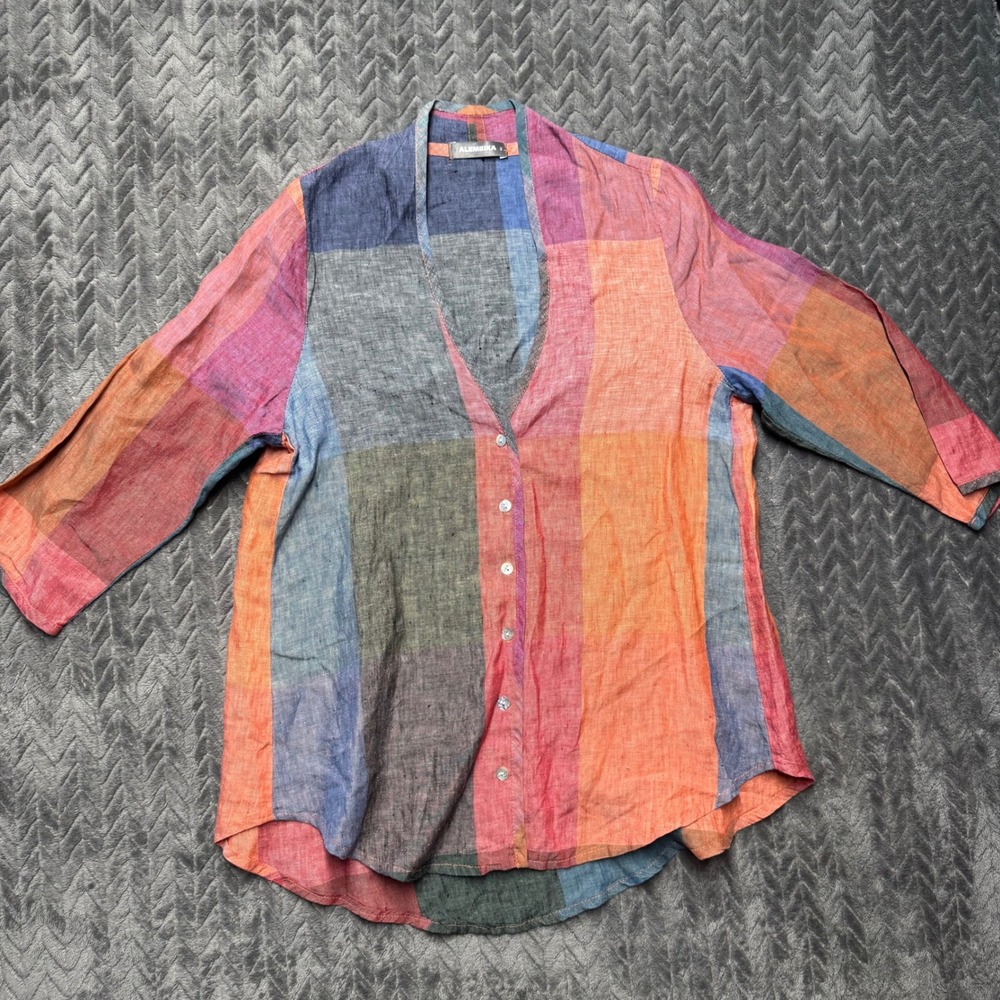 Alembika Patchwork Linen Button Down Shirt 2 Multicolor Lagenlook (2128)
